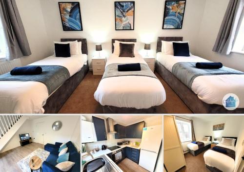 two pictures of a bedroom with two beds at Hythe House - Stylish Stay for Families & Groups by Catchpole Stays in Colchester