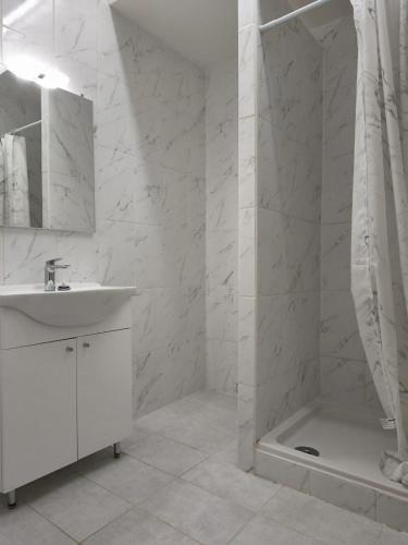 a white bathroom with a sink and a shower at Namur cozy apartment in Namur