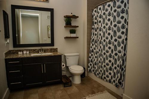 a bathroom with a toilet and a sink and a mirror at Downtown views by the Lake in Austin