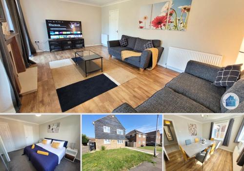 a collage of three pictures of a living room at Lexden Contractor Base- Modern 4 bed with Parking, WiFi & Quick Access to Sites- Catchpole Stays in Lexden