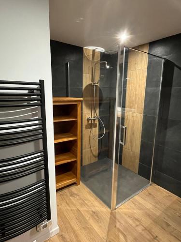 a shower with a glass door in a bathroom at Chez David & Magali in Dommartin-lès-Remiremont