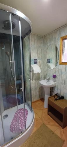 a bathroom with a shower and a toilet and a sink at Turismo FORTALEZA PATAGONIA in Puerto Natales