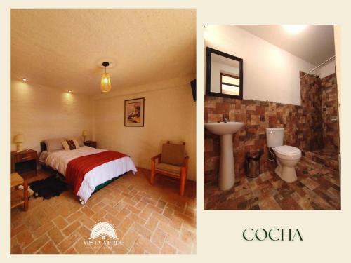 two pictures of a bedroom with a bed and a bathroom at Hotel Vista Verde in Huancayo
