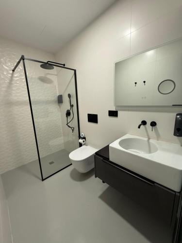 a bathroom with a sink and a shower and a toilet at Adiva A Zapataría in Puentedeume