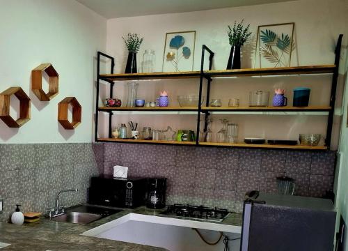 a kitchen with a sink and a counter with shelves at Vista Sumidero in Tuxtla Gutiérrez