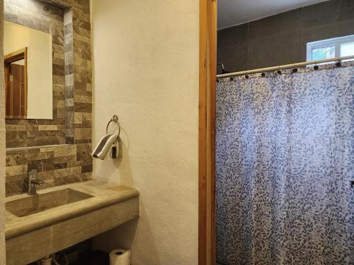 a bathroom with a sink and a shower at Casa OM in El Cuyo