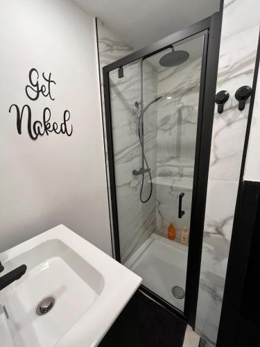 a bathroom with a shower and a white sink at Studio moderne et confort - Guillemins in Liège