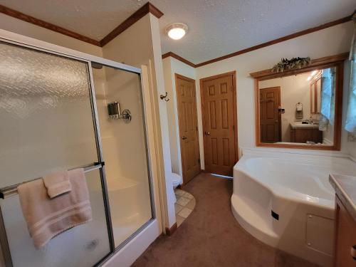a bathroom with a shower and a tub and a sink at Pondview Escape a 75-Acre Retreat in Marion