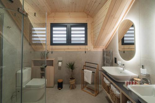 a bathroom with a sink and a toilet and a mirror at Chatka u tatka in Vysoké Tatry
