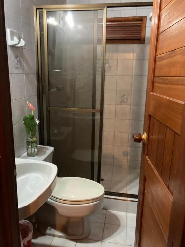 a bathroom with a shower and a toilet and a sink at Morada de las Aves in Cali