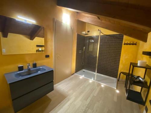 a bathroom with a sink and a shower with a glass door at Villa Fiesta in Oggiono