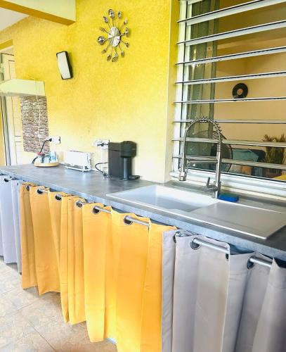 a kitchen with a sink and towels on a counter at Escale verdoyante in Petit-Bourg