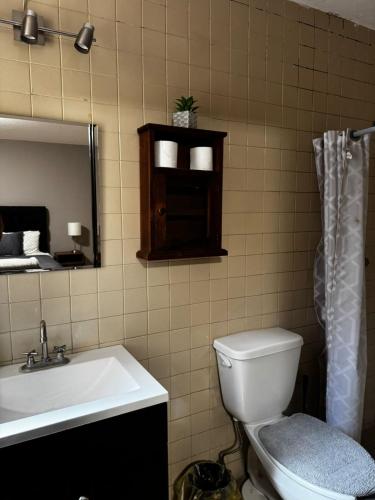 a bathroom with a sink and a toilet and a mirror at Mirador de San Miguel in San Miguel de Allende