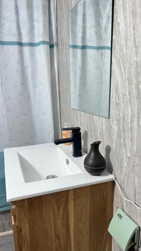 a bathroom sink with a vase sitting on top of it at Hospedaje Avenida in Puerto Montt