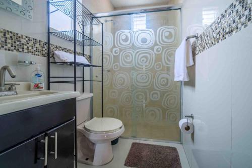 a bathroom with a shower and a toilet and a sink at Luxury Penthouse in Tuxpan