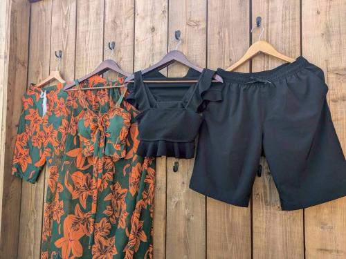 two shirts and shorts hanging on a wooden wall at Beach Front Seretis in Shimoda