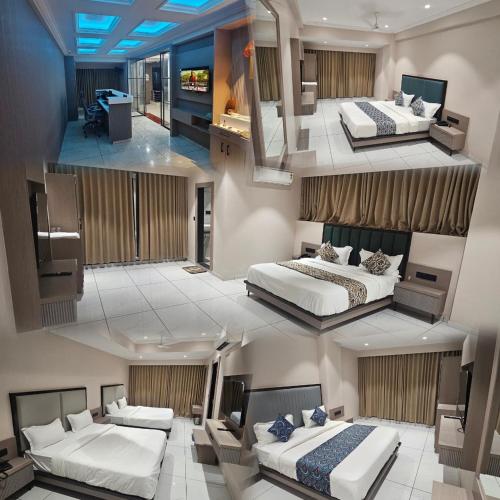 a collage of three photos of a room with two beds at Hotel Shivalik inn in Ankleshwar