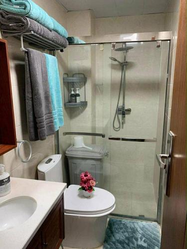 a bathroom with a shower with a toilet and a sink at EA Staycation in Baguio