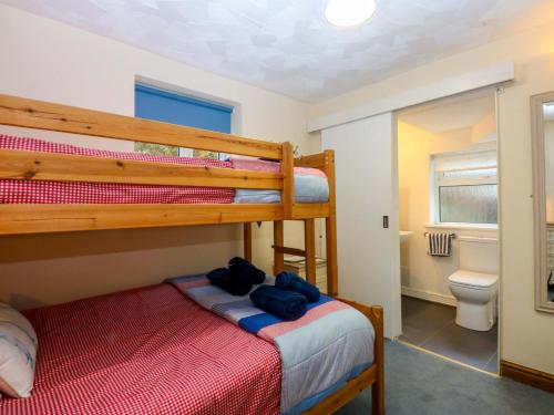 a bedroom with two bunk beds and a toilet at Min Y Traeth in Amlwch