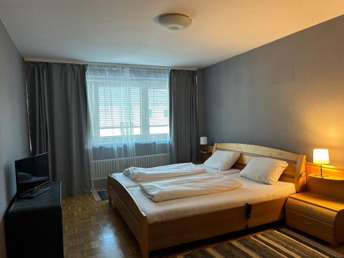 a bedroom with a bed and a television and a window at Villa Diana WestEnd in Frankfurt