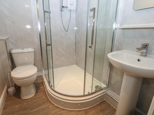 a bathroom with a shower and a toilet and a sink at Lavender Cottage in Richmond