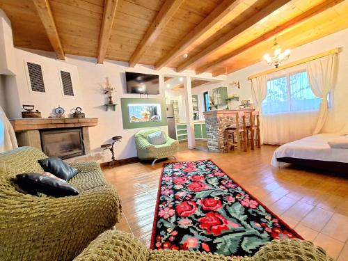 a living room with a couch and a fireplace at Clematis House in Voronet