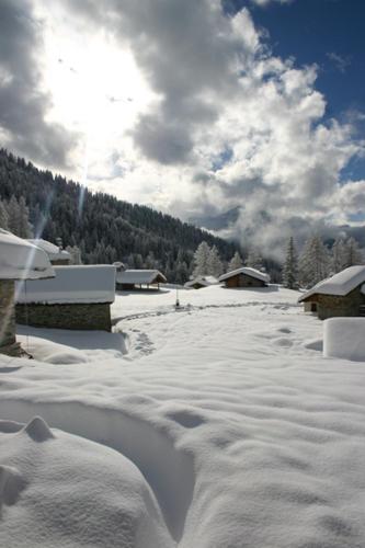 a snow covered yard with buildings and trees at Baita La Jolie Bergere in La Salle