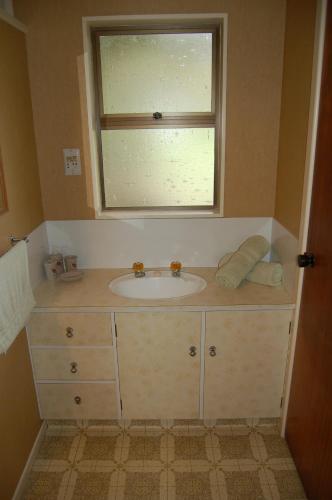 a bathroom with a sink and a window at Wheatly Downs Farmstay and Backpackers in Hawera