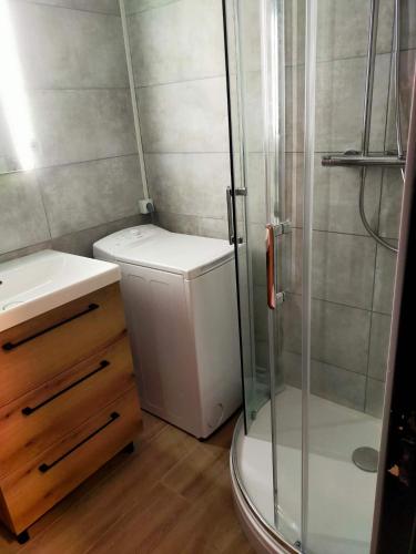 a bathroom with a shower and a toilet and a sink at Houlgate T2 bis in Houlgate