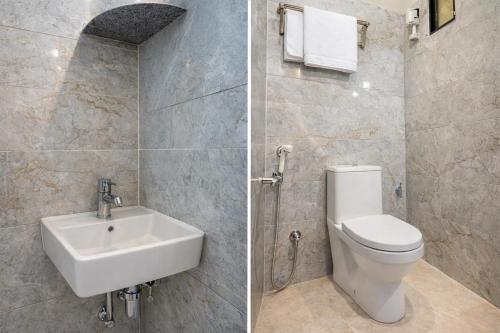 two pictures of a bathroom with a toilet and a sink at Hotel Chalet, Madiwala in Bangalore