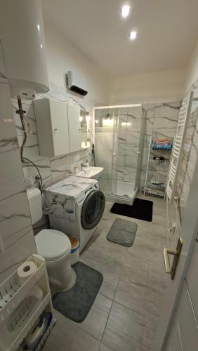 a bathroom with a toilet and a washing machine at Tiszti Szálló Apartman in Verpelét