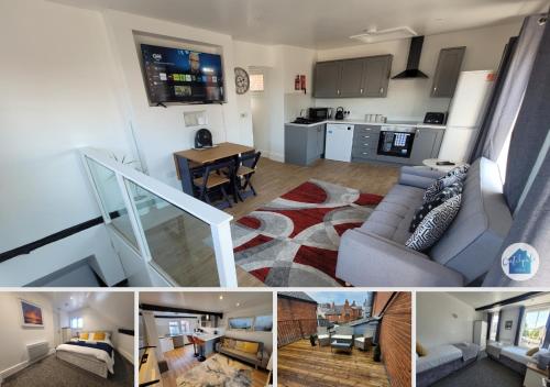 a collage of photos of a living room and a kitchen at City Centre Wallgate Apartments- Step back into Roman history in Colchester