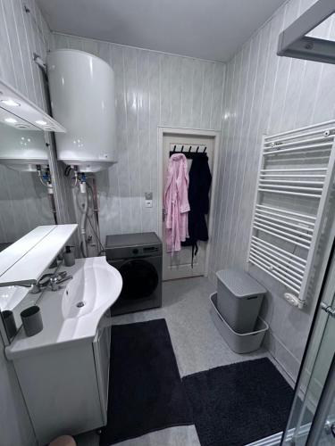 a bathroom with a sink and a toilet in it at L azur Jurassien séjour chaleureux dans le Jura in Saint-Claude
