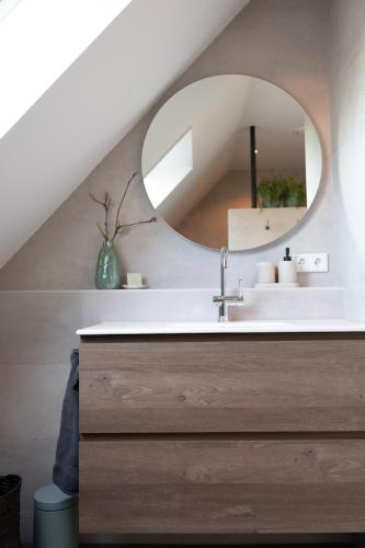 a bathroom with a sink and a mirror at Slapen bij Bioduin in Koudekerke