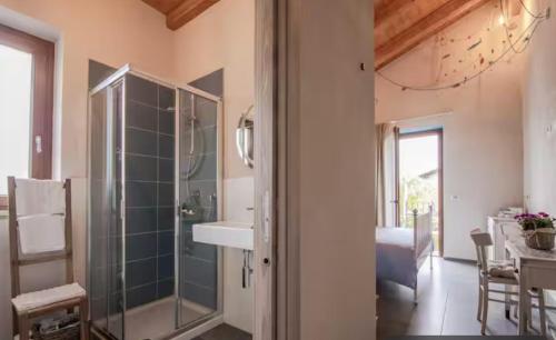 a bathroom with a shower and a sink and a mirror at B&B La barca ant al prà in Cuneo