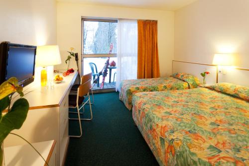 Cette chambre comprend deux lits et une télévision. dans l'établissement Hotel Restaurant Le Carina, à Gap