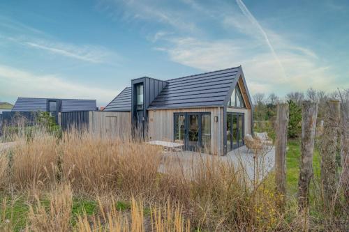 a house with a black roof in a field at Kustpark Muralt in Scharendijke
