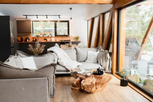 ein Wohnzimmer mit Sofa und Tisch in der Unterkunft Arenis in Muntele Băişorii