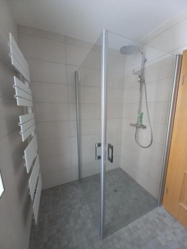 a shower with a glass door in a bathroom at Ferienhaus Schünhoff in Schneverdingen