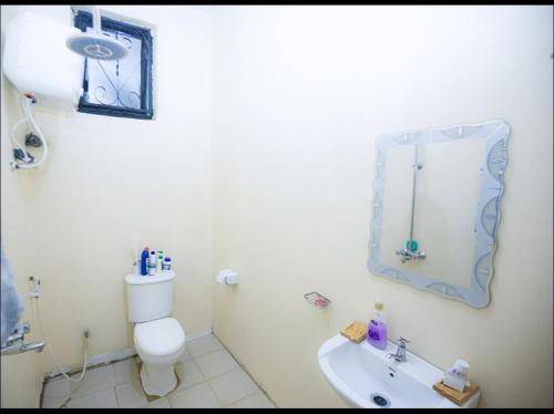 a bathroom with a toilet and a sink and a mirror at New Star House in Arusha