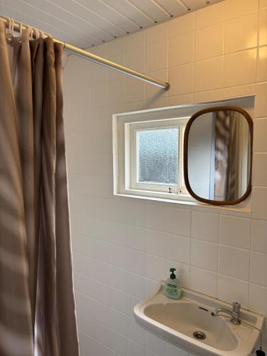 a bathroom with a sink and a mirror at Knus huisje met palletkachel in Tiendeveen