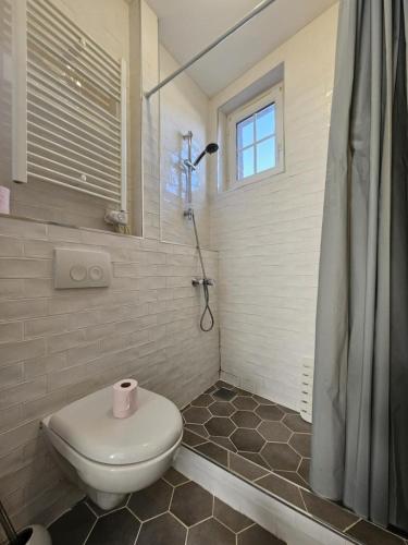 a bathroom with a toilet and a shower with a window at Étretat, Alphonse Karr in Étretat