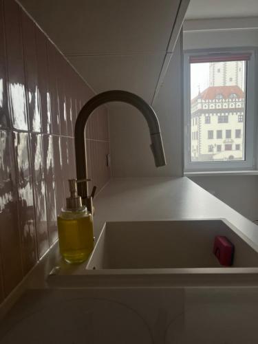 a kitchen sink with a soap dispenser on it at Apartament Rynek Strzelin in Strzelin