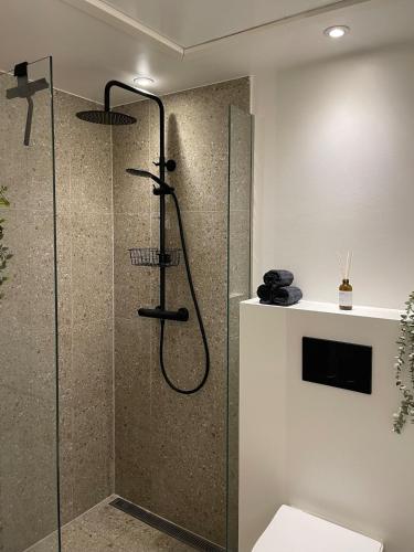 a bathroom with a shower with a glass shower stall at Central nyrenoveret lejlighed i Aalborg in Aalborg