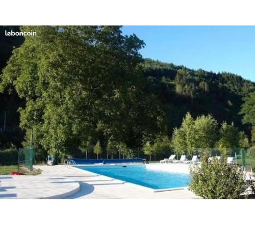 a swimming pool with trees and a mountain in the background at Maisonnette dans son écrin de verdure in Saint-Geniez-dʼOlt