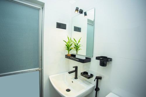 a bathroom with a sink and a shower and a mirror at Villa Ceilaoo in Galle