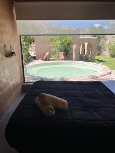 a bed in a room with a view of a pool at Casa Domo Juella in Juella