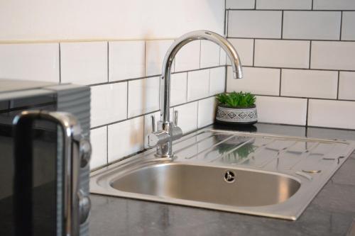 a stainless steel sink in a kitchen with a plant at Chic 2 Bedroom Apartment-Town Centre-Free Parking in Bournemouth