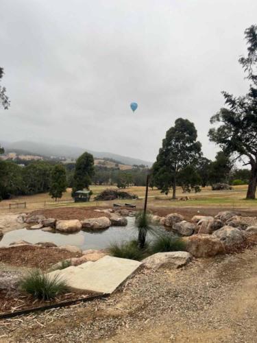 a pond in a park with rocks and a kite in the sky at Gruyere Falls by Tiny Away in Gruyere