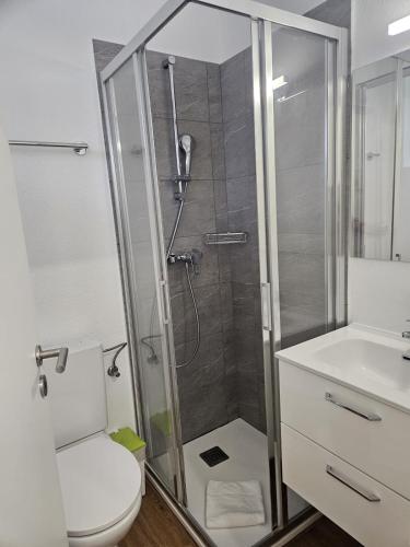 a bathroom with a shower and a toilet and a sink at Tropical Lugano in Lugano